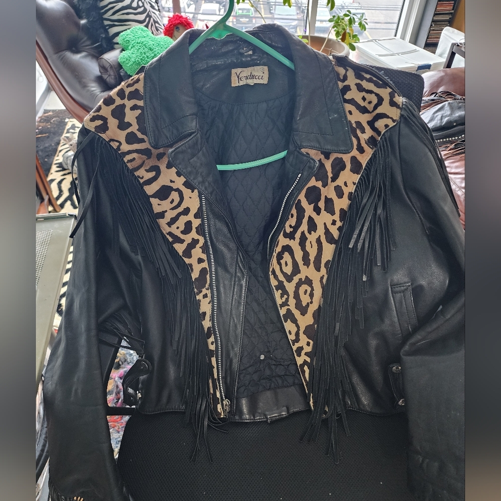 Black and Brown Calfskin &  Leather Fringe Jacket With Skeleton Button Details